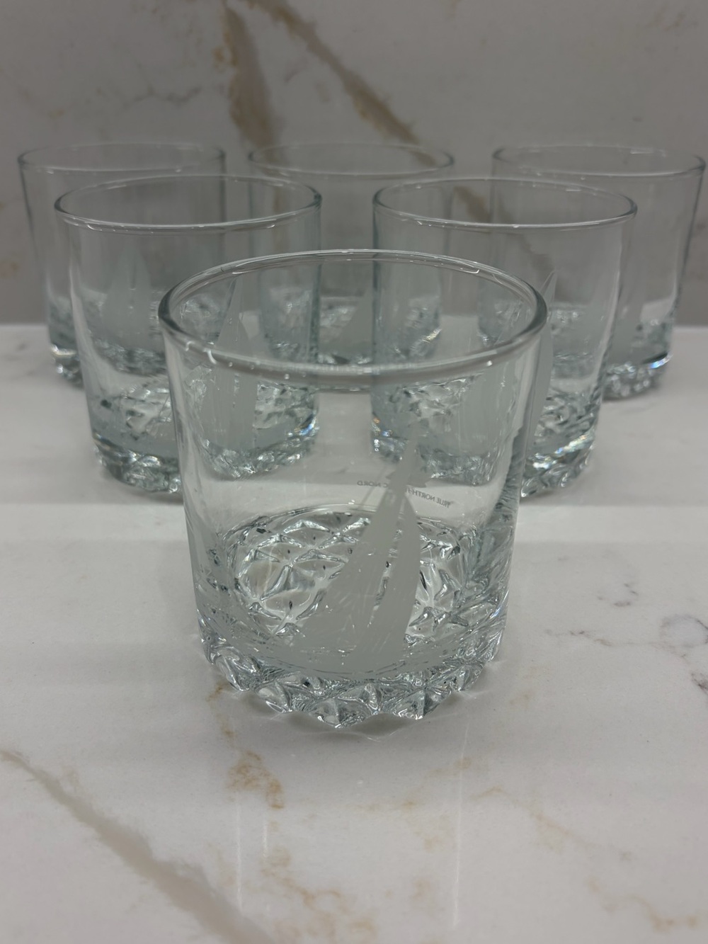 6 Vintage True North Clear Etched Whisky Glasses with Bluenose Sailboat Nautical